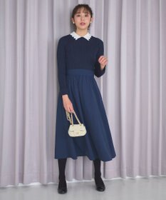 Feroux 【洗える】バイカラー襟ニットドッキング ワンピース