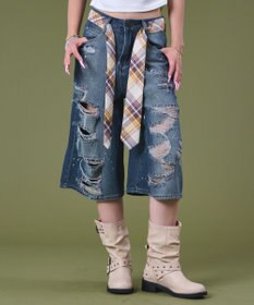 WEGO タイ付きダメージハーフデニムパンツ