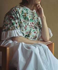 muuc 筆記帳刺繍ヨーク切り替えワンピース〈国産・muucオリジナル総柄刺繍〉〈オーガニック綿〉〈前開き・羽織にも〉〈3シーズン春夏秋〉