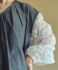 muuc キャッチ袖ワンピース〈日本製〉〈上品な透け感〉〈ベルト付きでAラインも〉〈体型カバー・フリーサイズ〉〈モードな異素材・オーガニックコットン使用〉