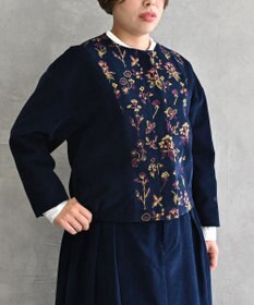muuc 〈遠州織物の工場で織られたコットンコーデュロイ生地〉花刺繍ノーカラージャケット（セットアップ可能）