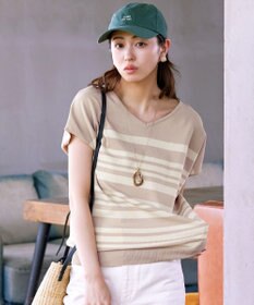 Tiaclasse L 【洗える】マルチボーダーフレンチスリーブニット