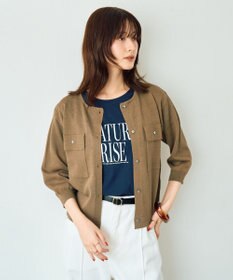 YECCA VECCA ノーカラー7分袖ポケットカーディガン