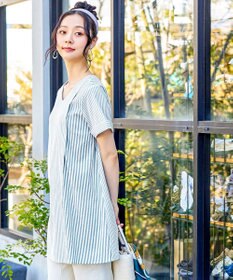 Tiaclasse 【洗える】体型カバーも叶うアシンメトリーストライプチュニックブラウス