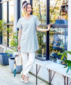 Tiaclasse 【洗える】体型カバーも叶うアシンメトリーストライプチュニックブラウス