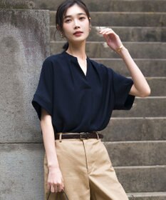 23区 L ストレッチジョーゼット キーネック ブラウス ネイビー系