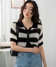 WEGO 襟付きメッシュニットショートカーデ