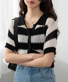 WEGO 襟付きメッシュニットショートカーデ