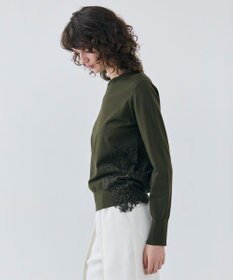 BEIGE， 【ご好評により新色追加！洗える】WILLOW / アシンメトリーレースクルーネックニット Khaki×Khaki