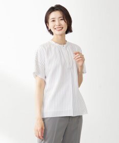J.PRESS LADIES シアーストライプチェック フレンチスリーブ バンドカラー カットソー