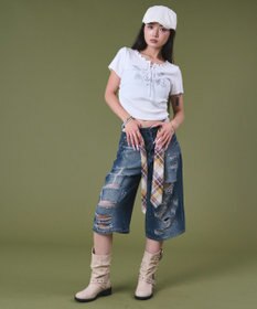 WEGO タイ付きダメージハーフデニムパンツ