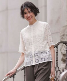 J.PRESS LADIES 【洗える】モザイクレース ハーフスリーブ ブラウス