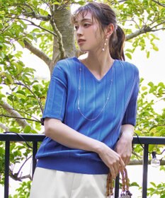 Tiaclasse 【洗える】プリーツ編みVネックニットトップス