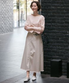 自由区 L 【洗える】コットンボーダー ボートネックカットソー