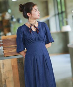 Tiaclasse 【洗える】デニムタックギャザーワンピース