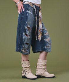 WEGO タイ付きダメージハーフデニムパンツ
