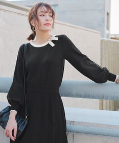 Tiaclasse 【洗える】リボン衿配色ニットワンピース