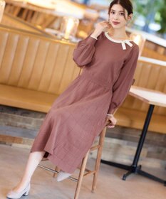 Tiaclasse 【洗える】リボン衿配色ニットワンピース