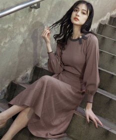 Tiaclasse 【洗える】リボン衿配色ニットワンピース