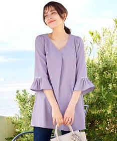 Tiaclasse 【洗える】タックフレアパール付き袖チュニックブラウス