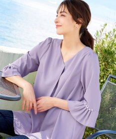 Tiaclasse 【洗える】タックフレアパール付き袖チュニックブラウス