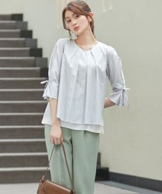 Tiaclasse L ストライプリボンレイヤードブラウス