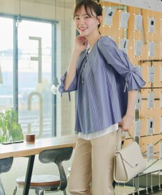 Tiaclasse L ストライプリボンレイヤードブラウス