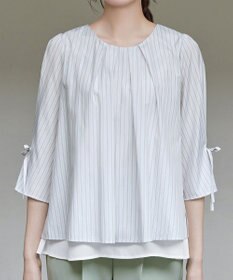 Tiaclasse L ストライプリボンレイヤードブラウス