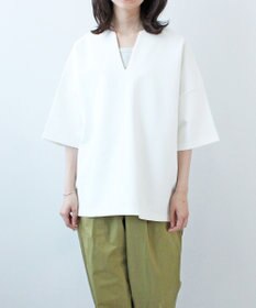 WHITE MAILS PAPER DOUBLE JERSEY KEY NECK T-シャツ