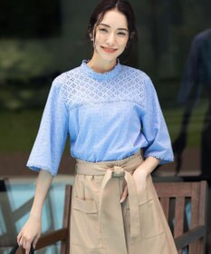 組曲 【WEB限定色あり】エンブロイダリーレース　ハイネック半袖ブラウス