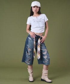 WEGO タイ付きダメージハーフデニムパンツ