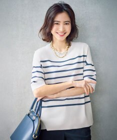 自由区 【カタログ掲載・素材アップデート・新色追加・新柄追加・前後差あり】クレープストレッチプルオーバー ニットⅡ [新色]ベージュ×ネイビーボーダー