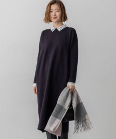 23区 L 【洗える/吊り干しOK】ヴィスコースストレッチ レース襟 ワンピース ネイビー系