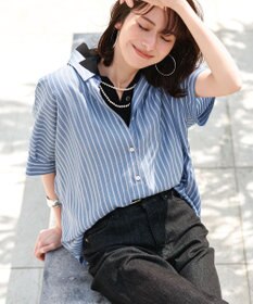 自由区 【接触冷感・UVケア・抗菌防臭・洗える】リヨセルポプリン ブラウス ブルーストライプ