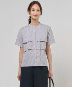 J.PRESS LADIES L 【一枚で着映え】サッカージャージー バンドカラー カットソー グレーストライプ系1