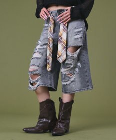 WEGO タイ付きダメージハーフデニムパンツ
