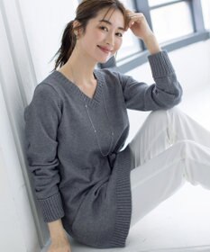 Tiaclasse L 【洗える】Vネックリブニットチュニック