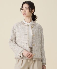 自由区 L 【17号サイズまで展開】ファンシーノットツイードノーカラー ジャケット ベージュ