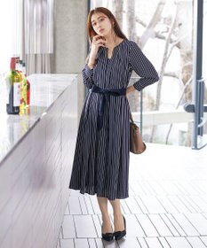 Tiaclasse 【2WAY・洗える】バンドカラーストライプリボンワンピース