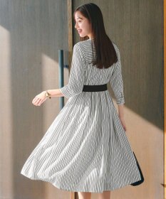 Tiaclasse 【2WAY・洗える】バンドカラーストライプリボンワンピース