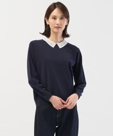 J.PRESS LADIES L レーヨンストレッチ 刺繡襟 ニット ネイビー×オフ系