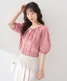 earth music&ecology シアーチェックパフスリーブブラウス