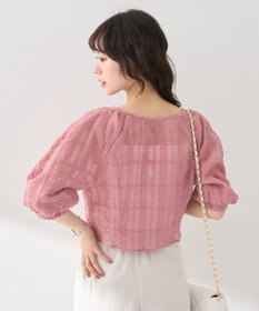 earth music&ecology シアーチェックパフスリーブブラウス