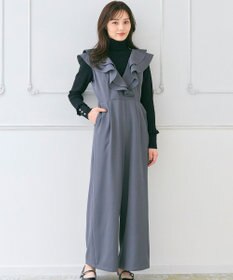 Feroux フリルデザイン サロペット パンツ ライトグレー系