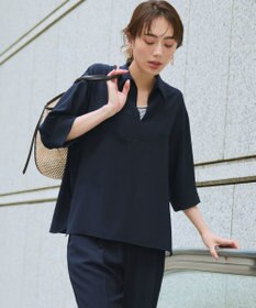 23区 S ストレッチジョーゼット スキッパー ブラウス ネイビー系