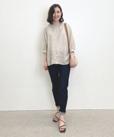 自由区 【洗える】リネンストライプ ボートネックブラウス