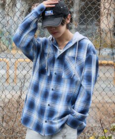 WEGO 【ユニセックス着用ITEM/MLサイズ展開】オンブレチェックフードシャツ（LS）