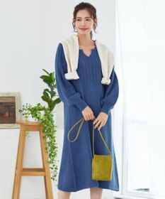 Tiaclasse 【洗える】パフスリーブリブ編みニットワンピース