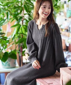 Tiaclasse 【洗える】パフスリーブリブ編みニットワンピース