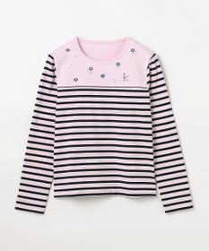 組曲 KIDS 【150-160㎝】フラワー刺繍ボーダー Tシャツ